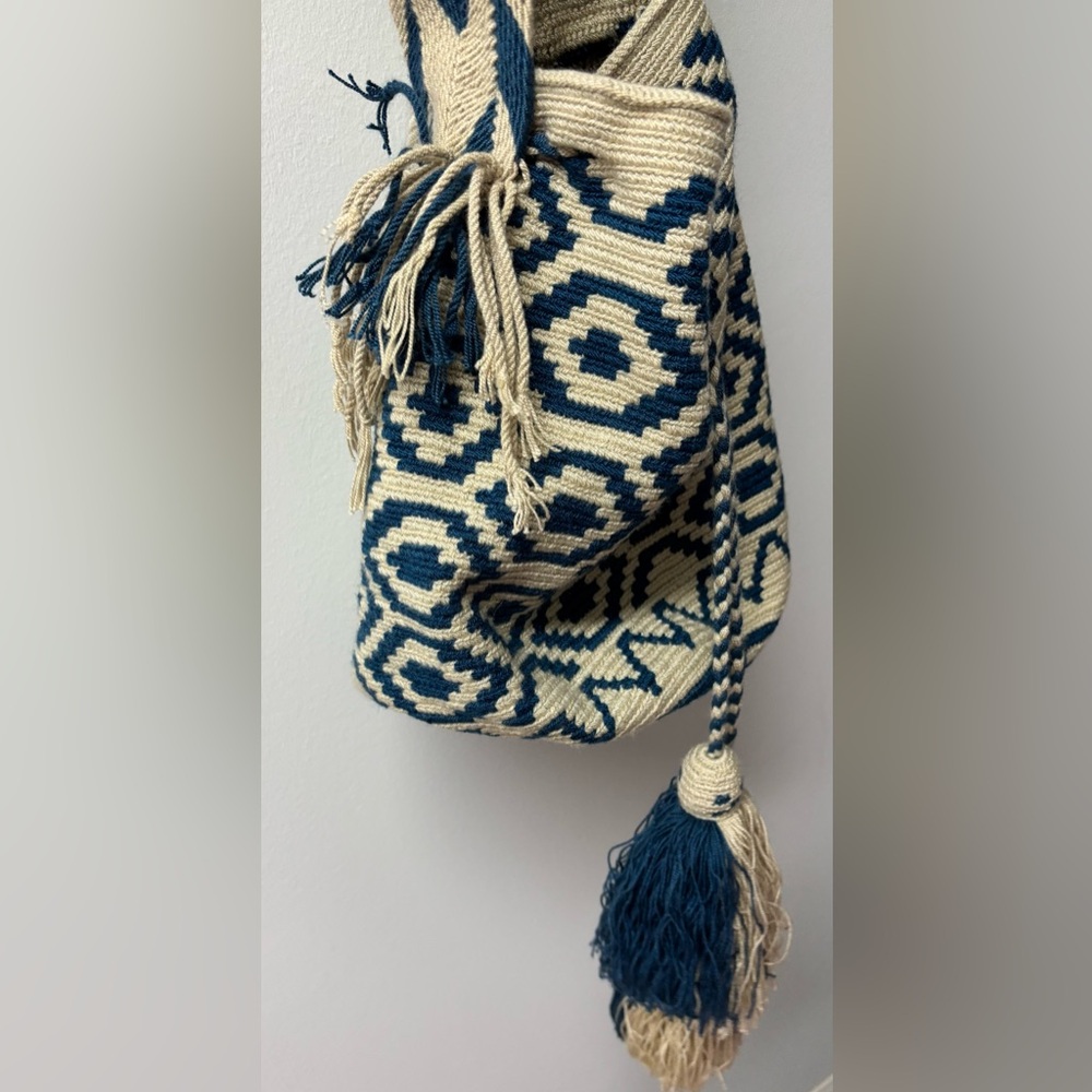 New-Blue & Beige Patterned Hand-woven Bag with Pom Pom detail drawstring closure
